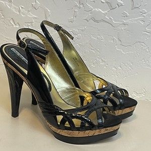 Charles David {7.5B} Black Patent Leather Strappy Platform Heels Pumps